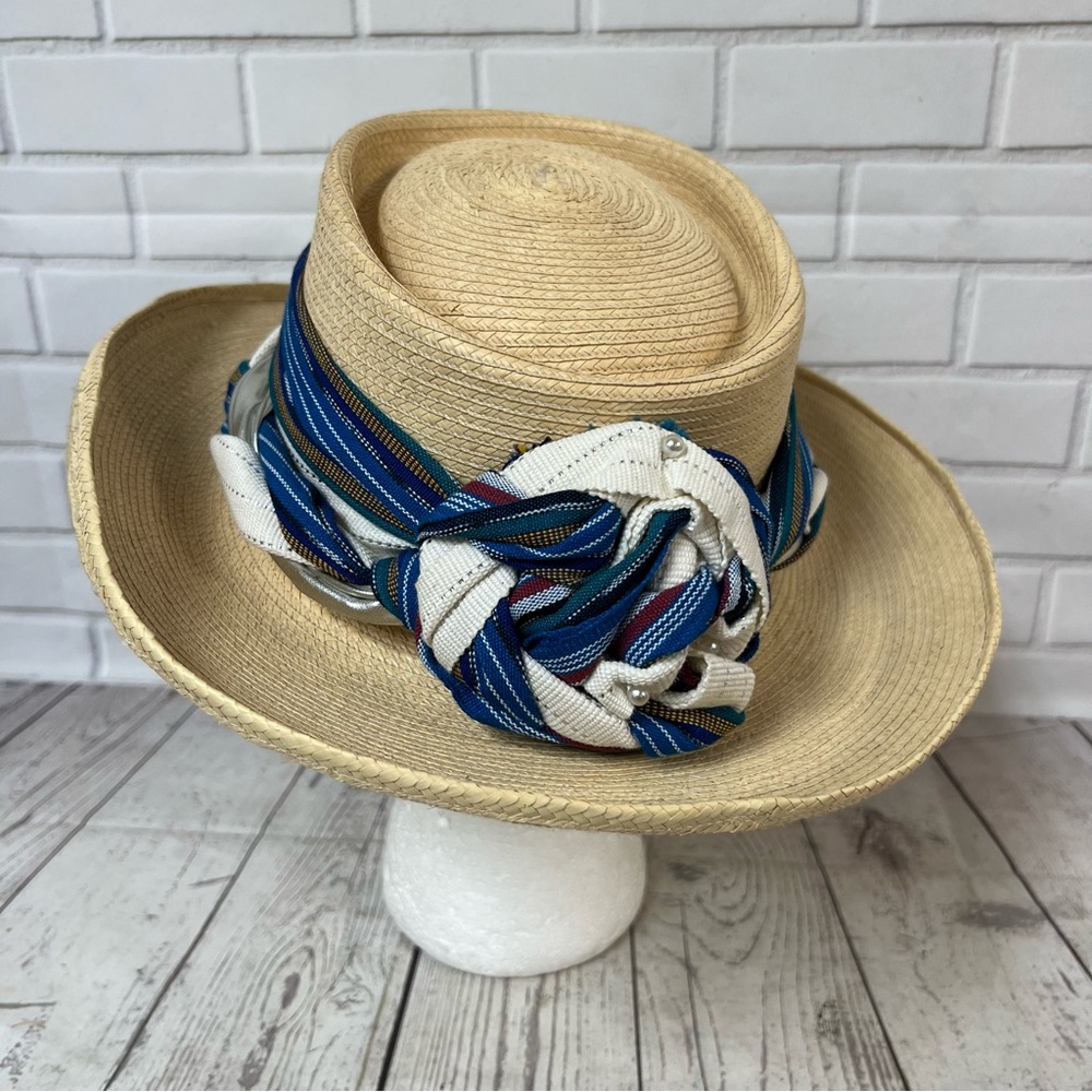 La Giralda Handcrafted Palm Leaves Sun Hat Size 56 Guatemala Knot Tan Blue